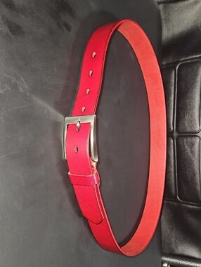 Bullko Red Leather Belt with Silver Buckle Size 36